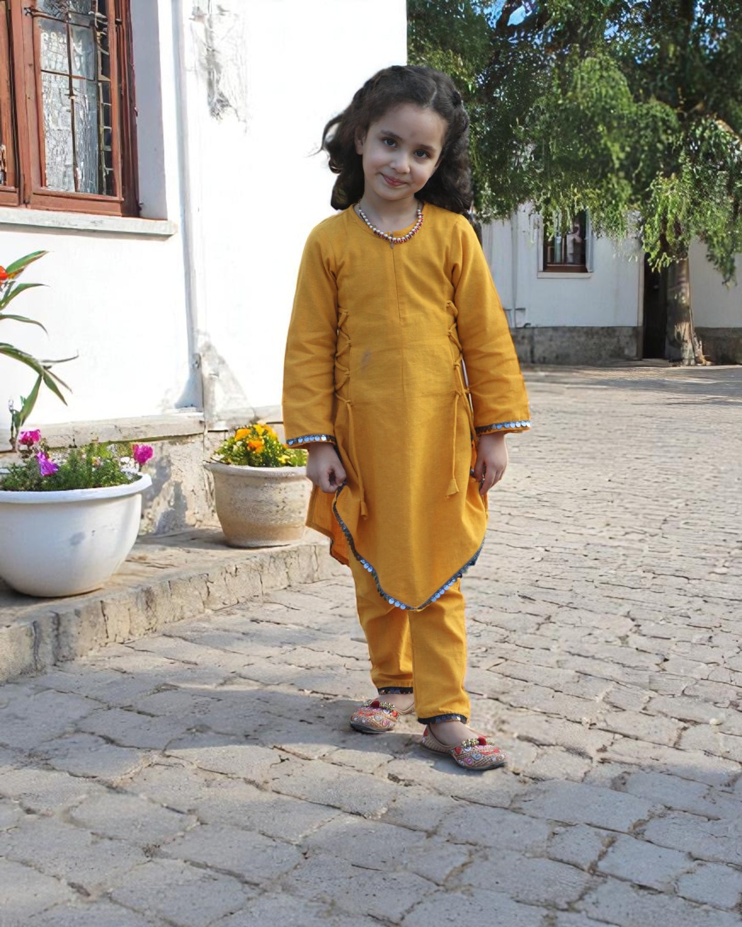 Pure Cotton Two-Piece Suit for Kids with Sequin Lace & Asymmetrical Hem