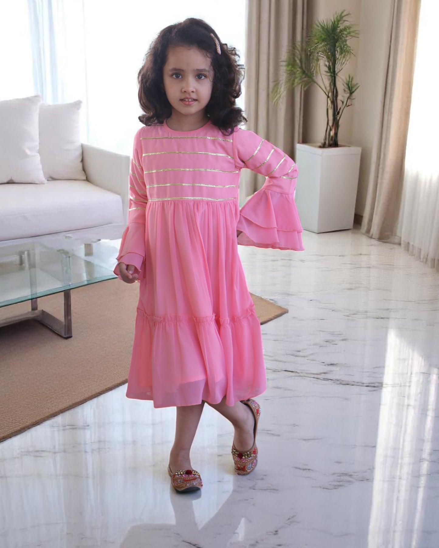 Enchanting Georgette Frock with Gota Patti Lacework & Bell Sleeves – Fully Lined for Elegance