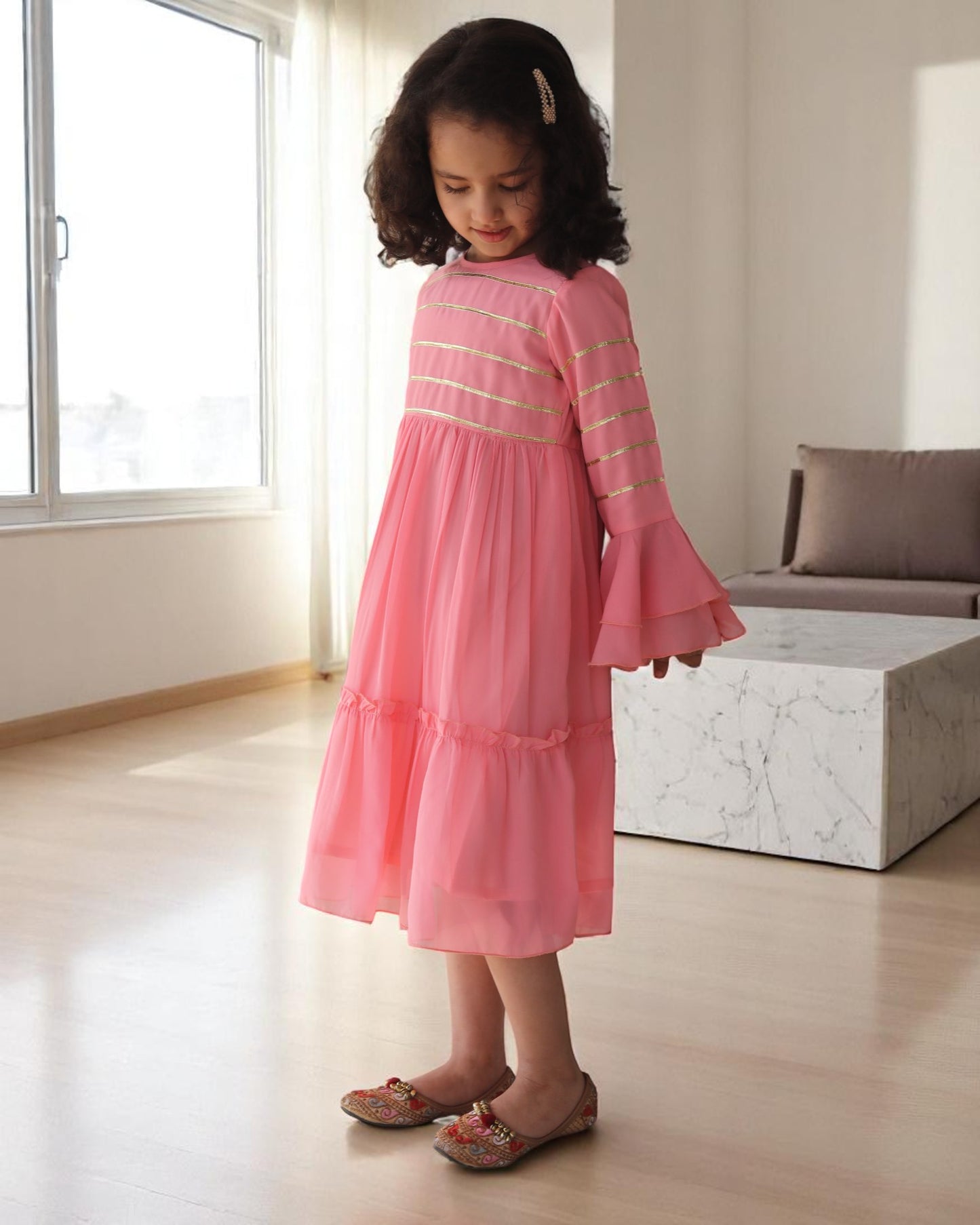 Enchanting Georgette Frock with Gota Patti Lacework & Bell Sleeves – Fully Lined for Elegance