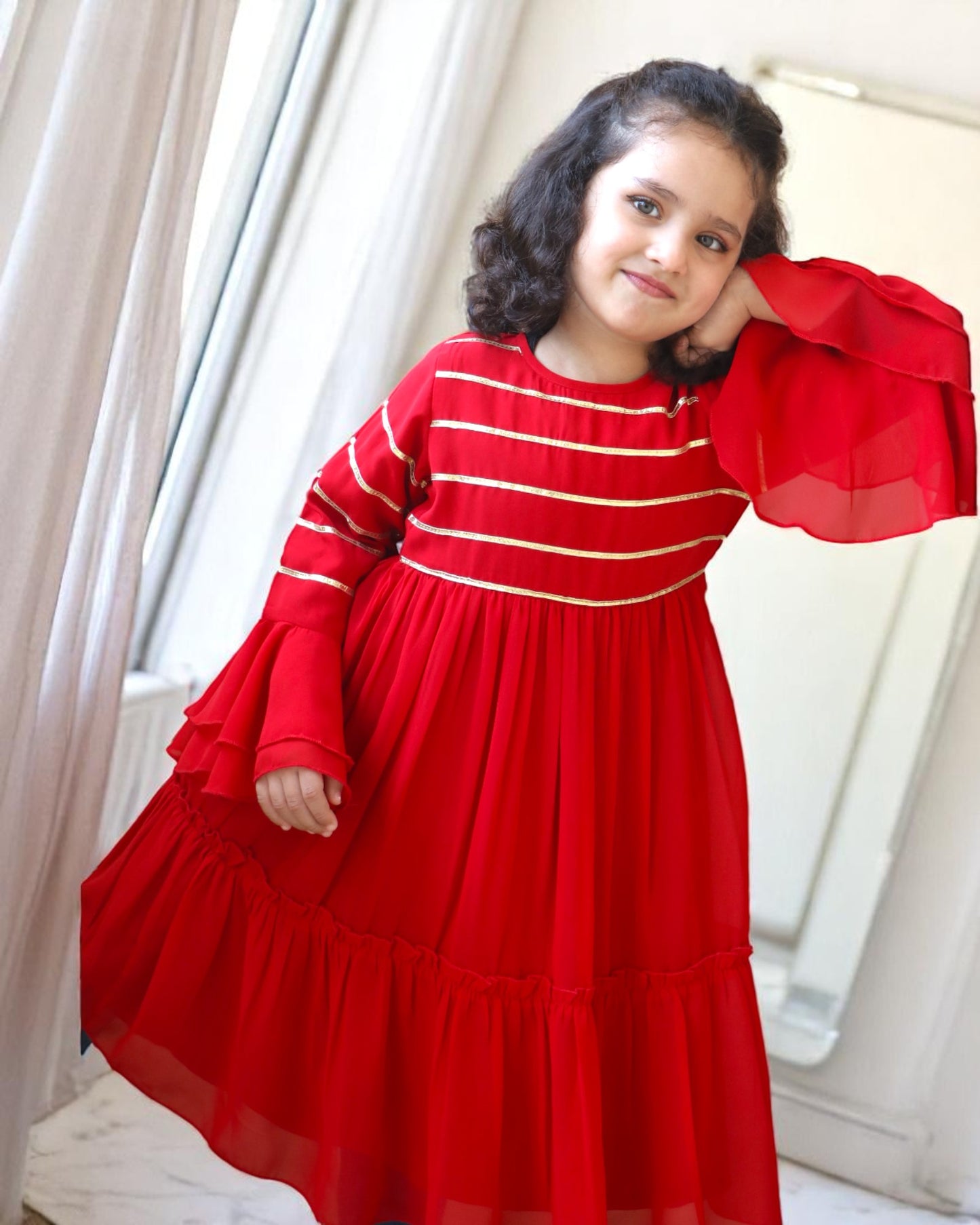 Enchanting Georgette Frock with Gota Patti Lacework & Bell Sleeves – Fully Lined for Elegance