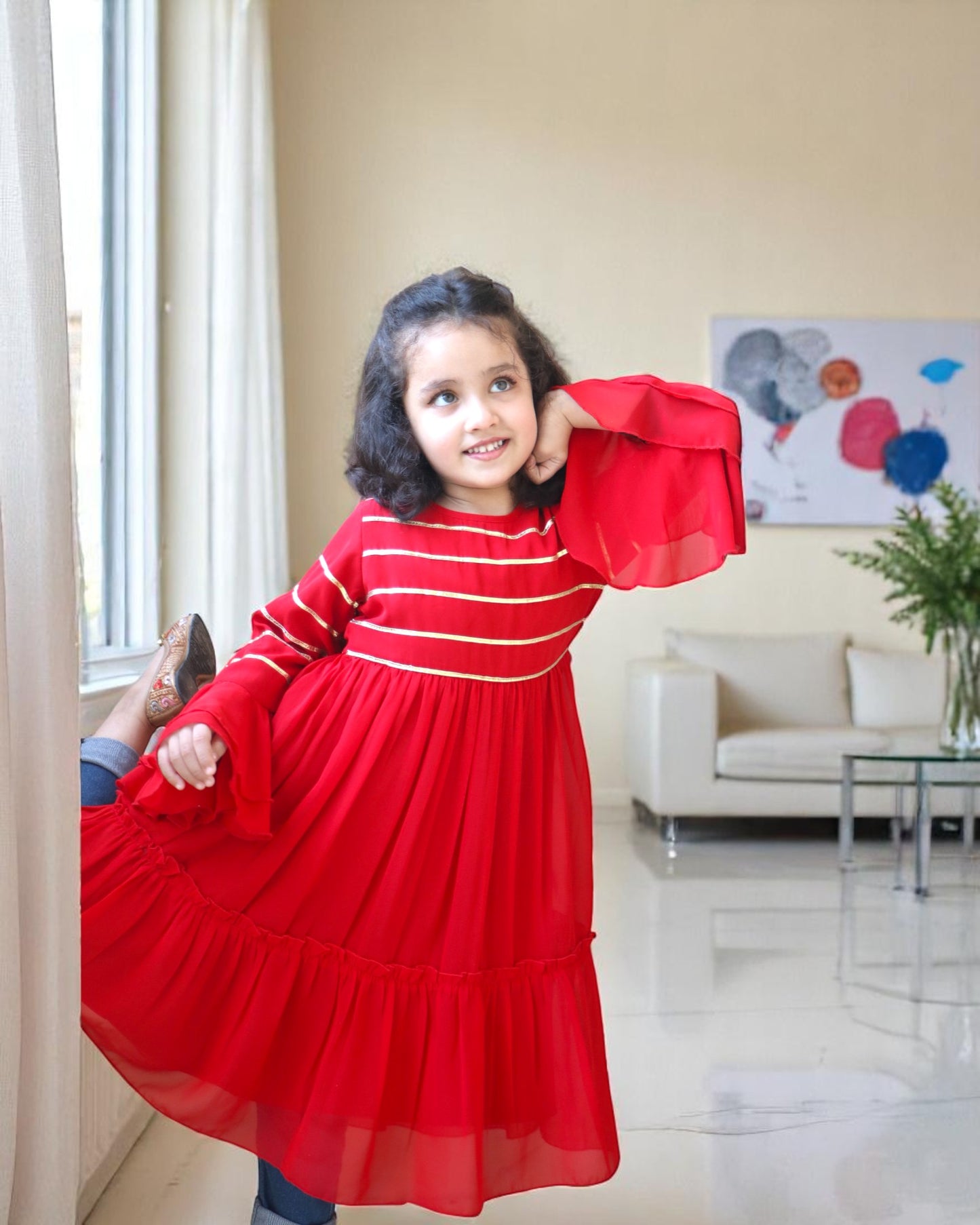 Enchanting Georgette Frock with Gota Patti Lacework & Bell Sleeves – Fully Lined for Elegance