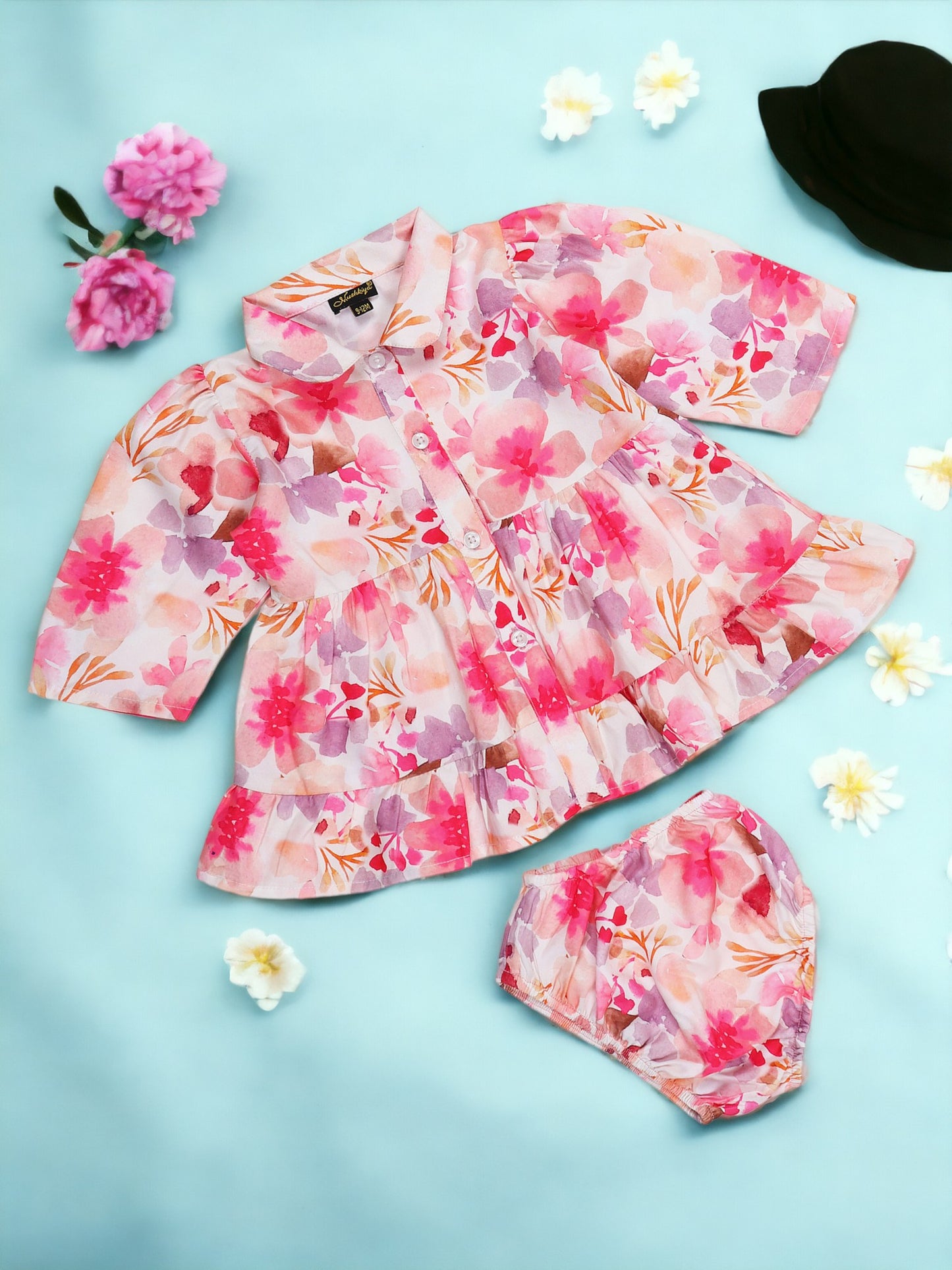Stylish Two-Piece Set for Girls in Printed Cotton Blend Fabric