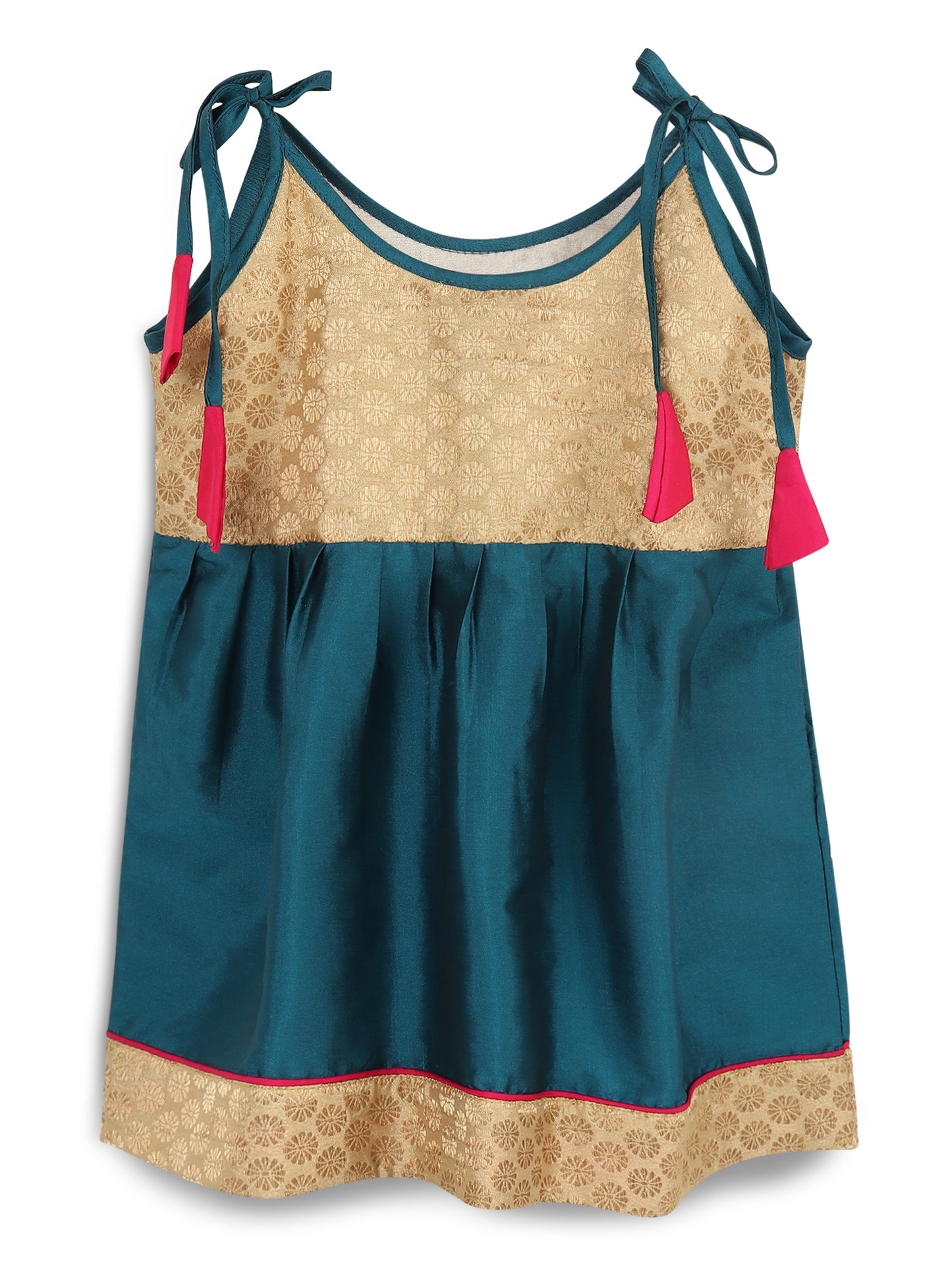 Strap Shoulder Frock for Girls in Banarasi and Taffeta Silk with Tassels