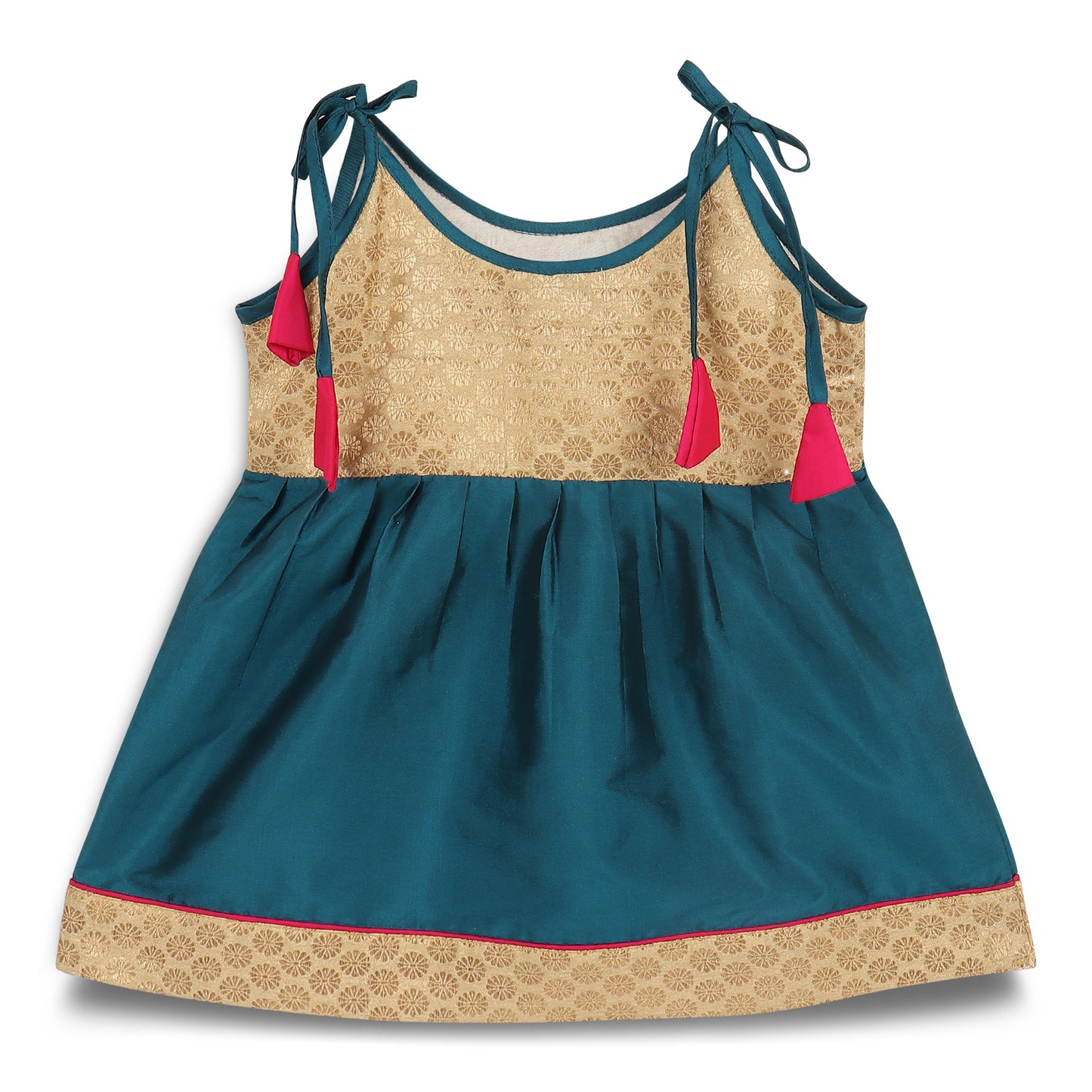 Strap Shoulder Frock for Girls in Banarasi and Taffeta Silk with Tassels