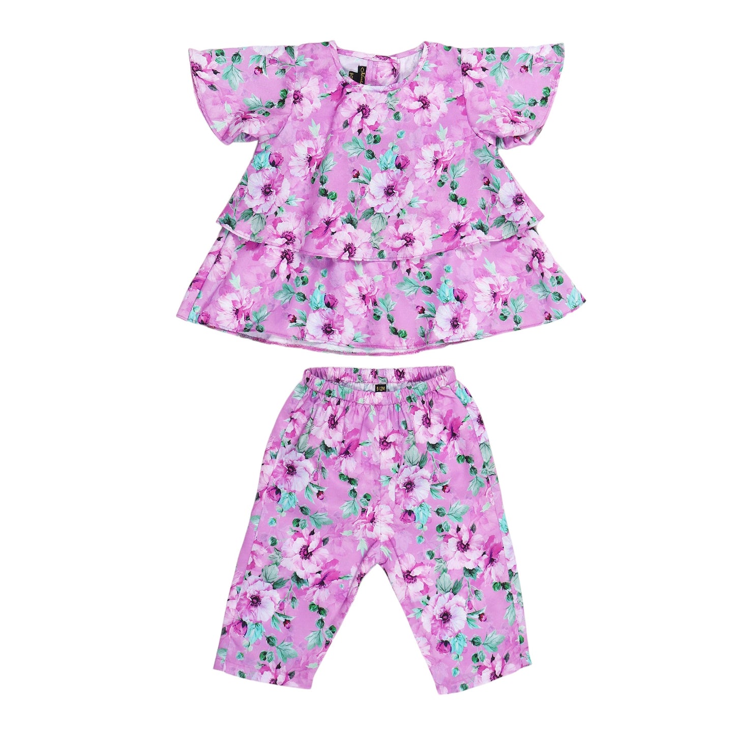 Two-Piece Girls' Set in Printed Cotton Blend Fabric with Calf-Length Pajama