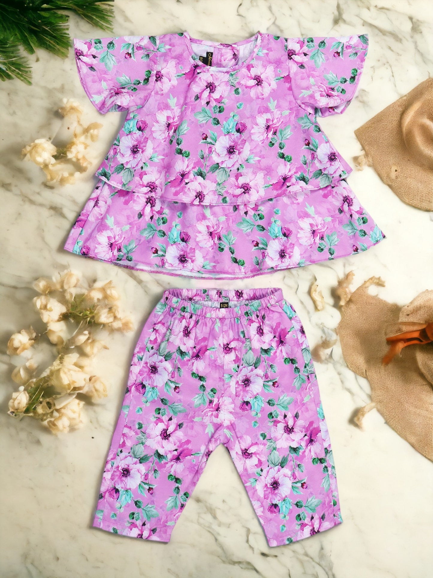 Two-Piece Girls' Set in Printed Cotton Blend Fabric with Calf-Length Pajama