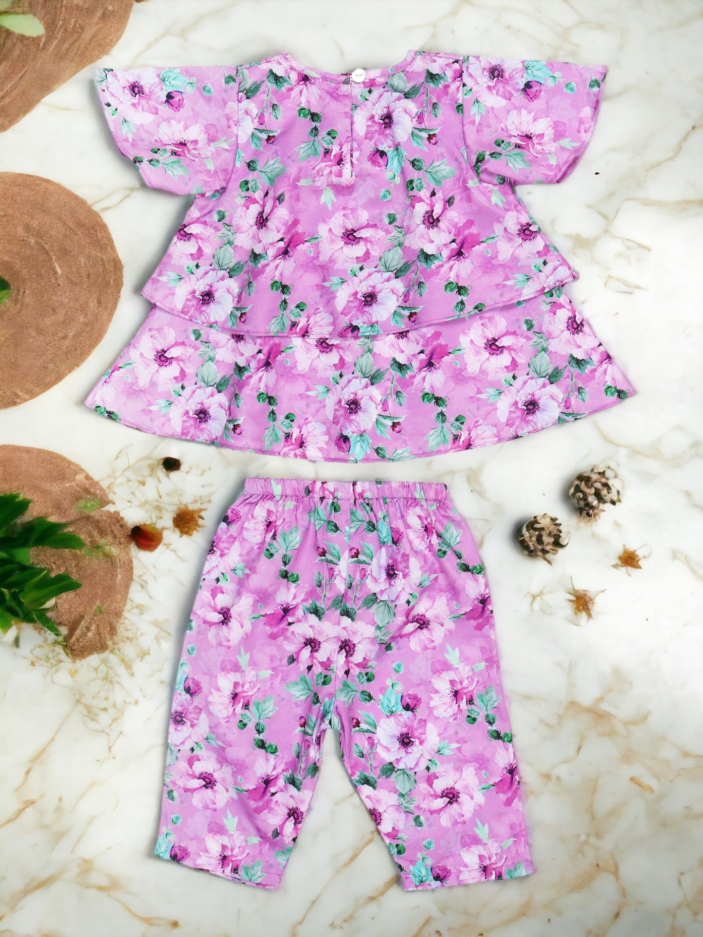 Two-Piece Girls' Set in Printed Cotton Blend Fabric with Calf-Length Pajama
