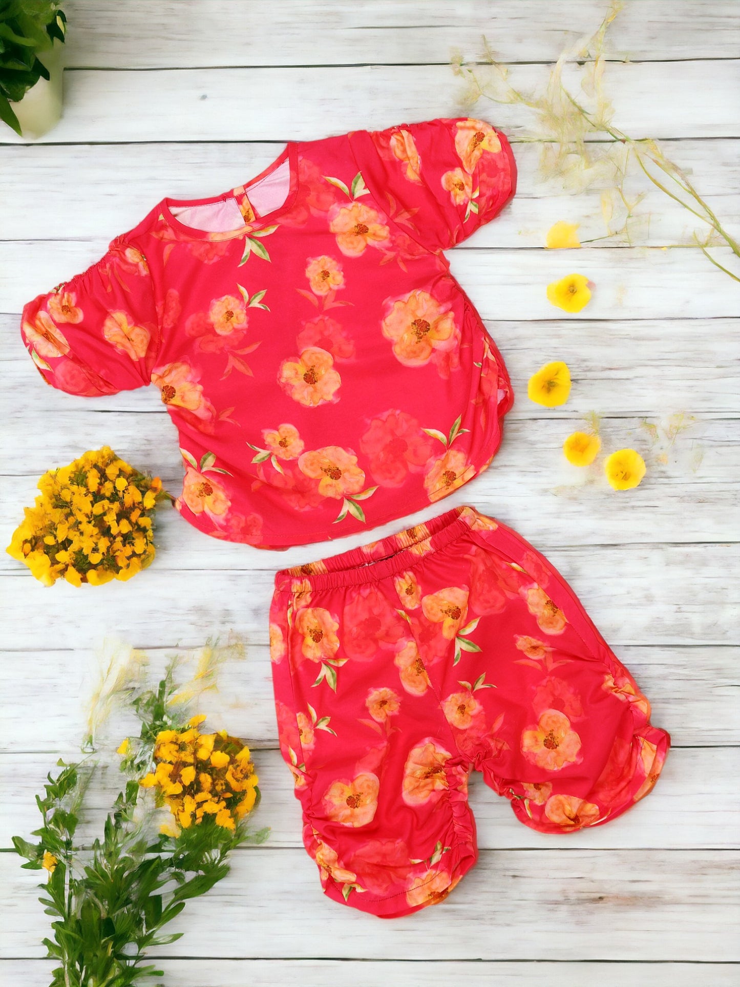 Two-Piece Girls' Set in Cotton Blend Fabric with Kurta Top and Calf-Length Pajama