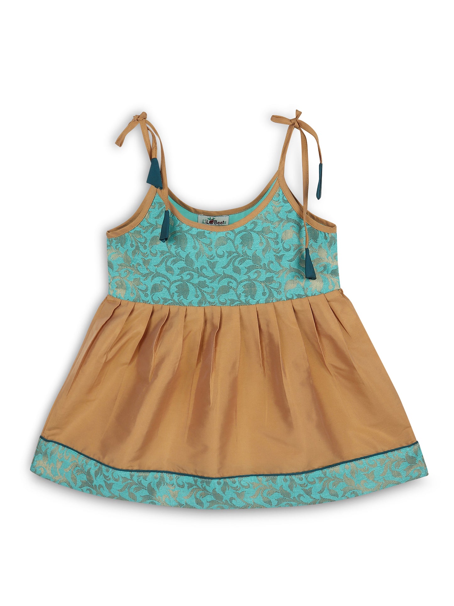 Strap Shoulder Frock for Girls in Banarasi and Taffeta Silk with Tassels