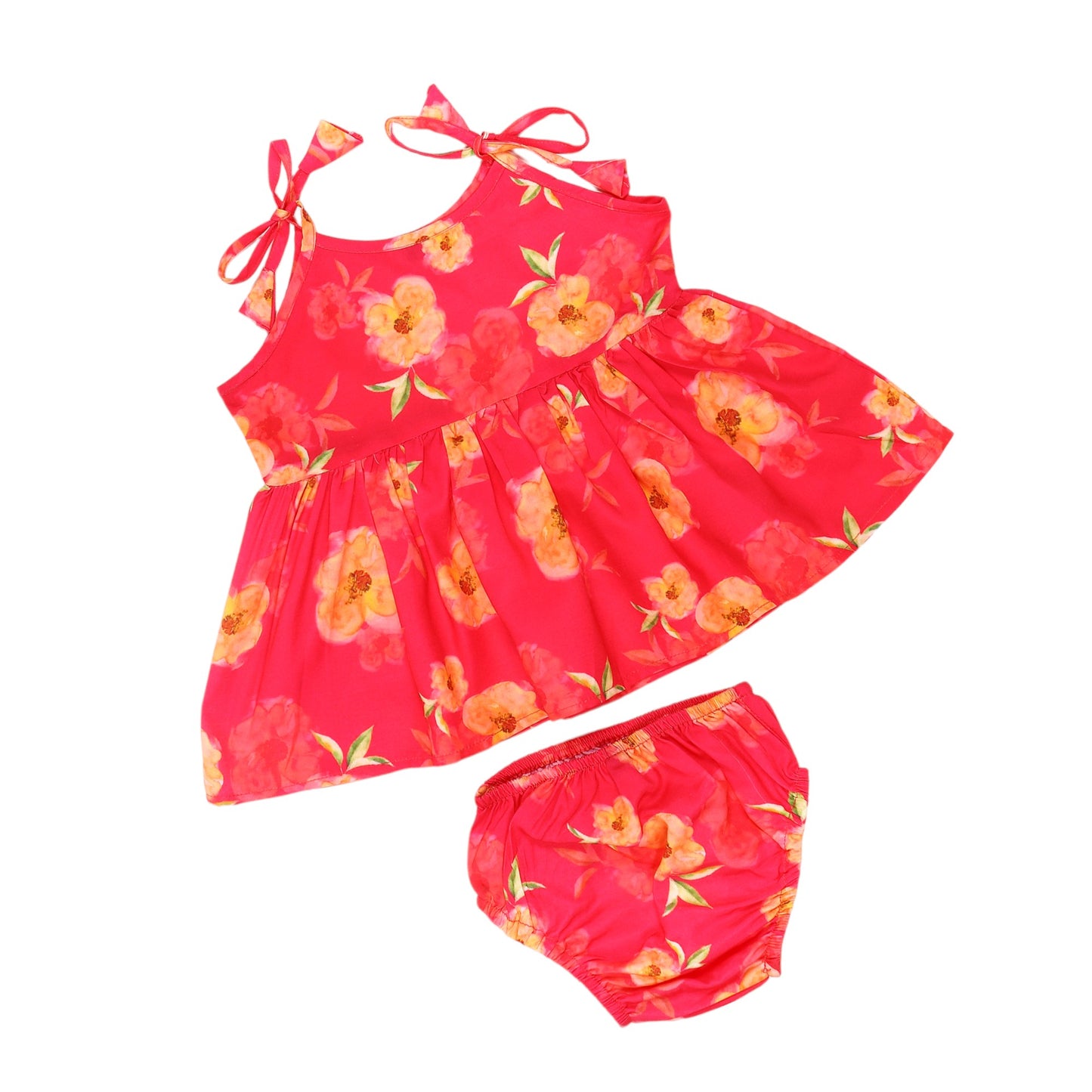 Two-Piece Girls' Set in Cotton Blend Fabric with Strappy Frock and Pantie
