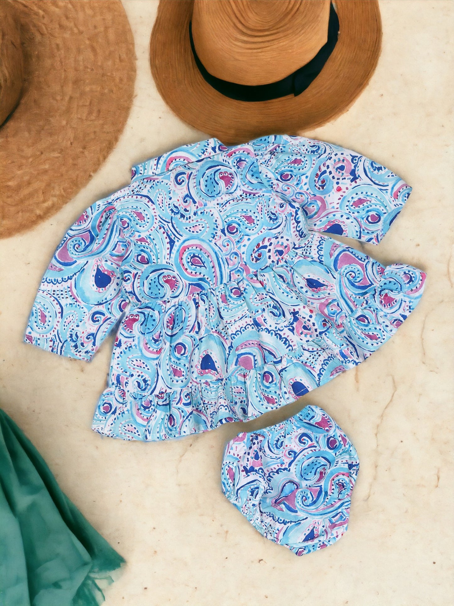 Two-Piece Girls' Set in Printed Cotton Blend Fabric with Gathered Waistline