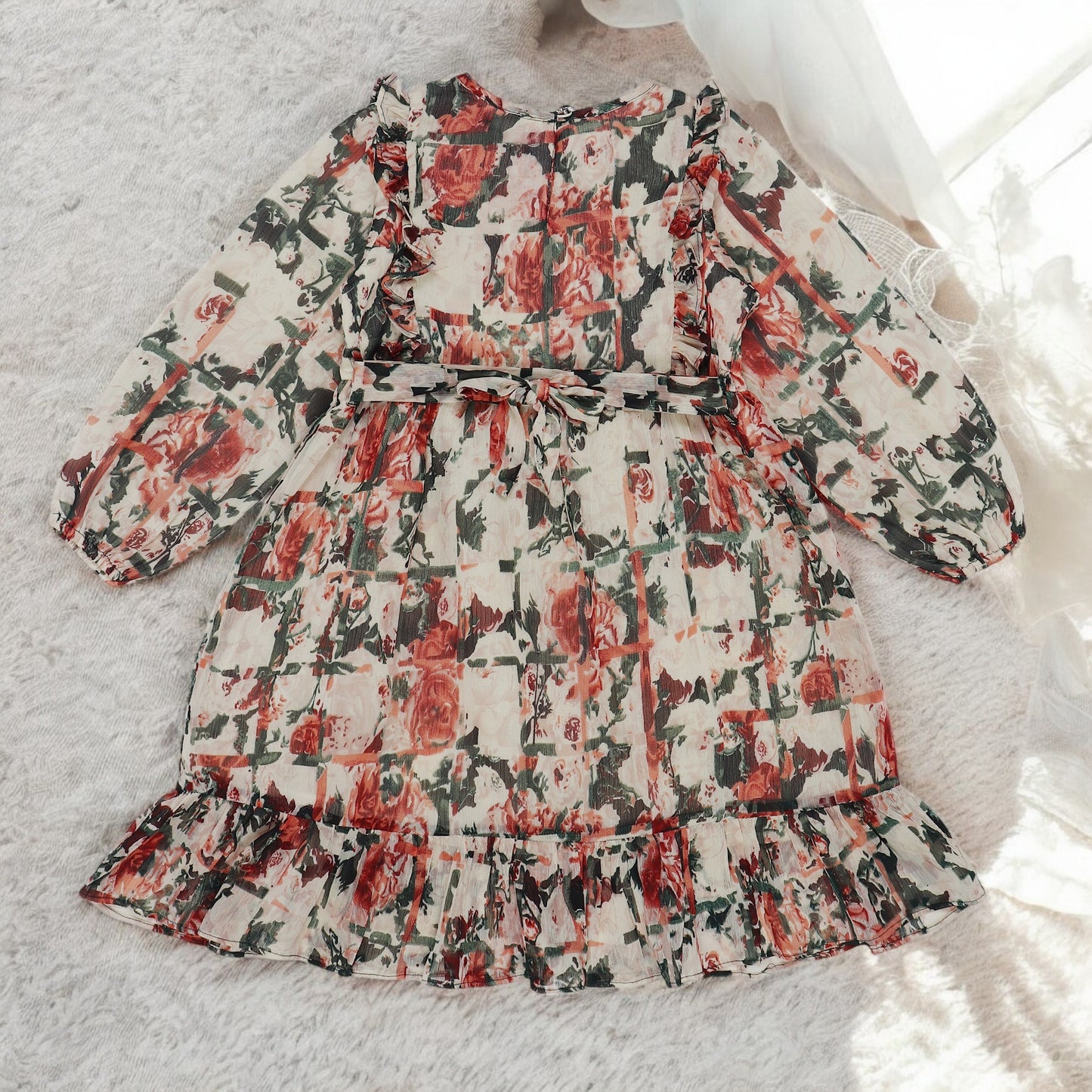 Girls' Chiffon Frock with Ruffled Yoke and Elasticated Sleeves