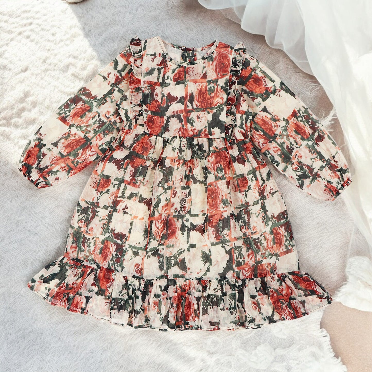 Girls' Chiffon Frock with Ruffled Yoke and Elasticated Sleeves