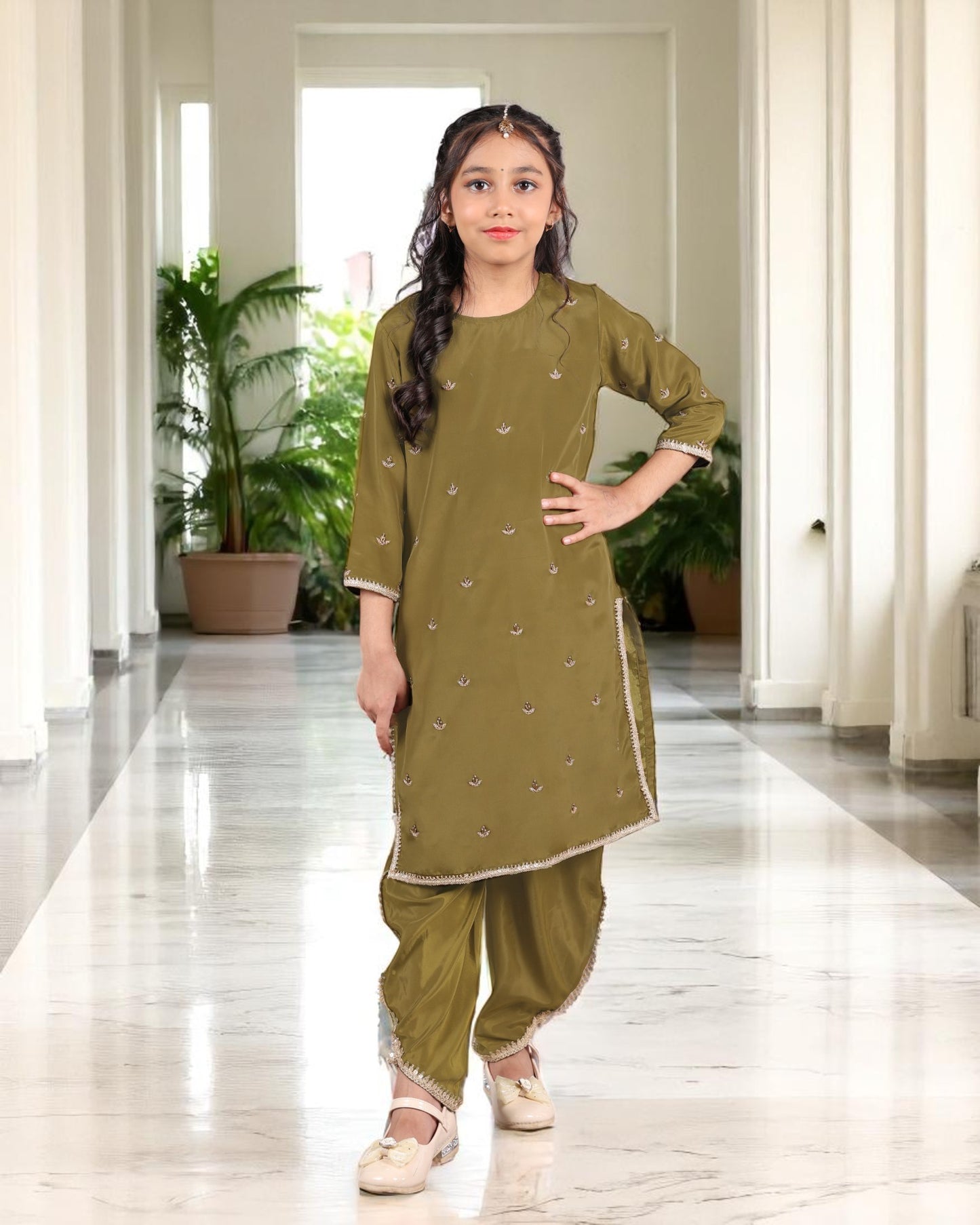 Tito Patito Girls’ Ethnic 3-Piece Tulip Pant Suit – French Crepe, Handwork & Lace