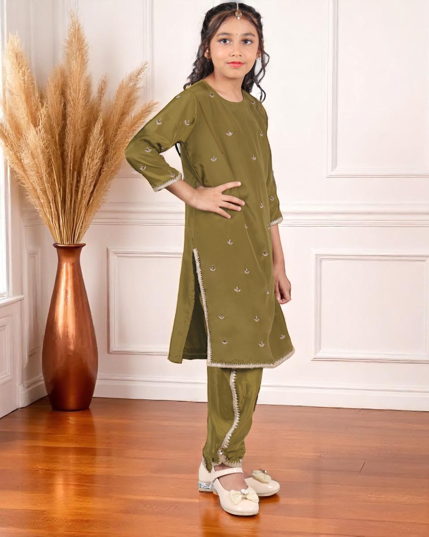Tito Patito Girls’ Ethnic 3-Piece Tulip Pant Suit – French Crepe, Handwork & Lace