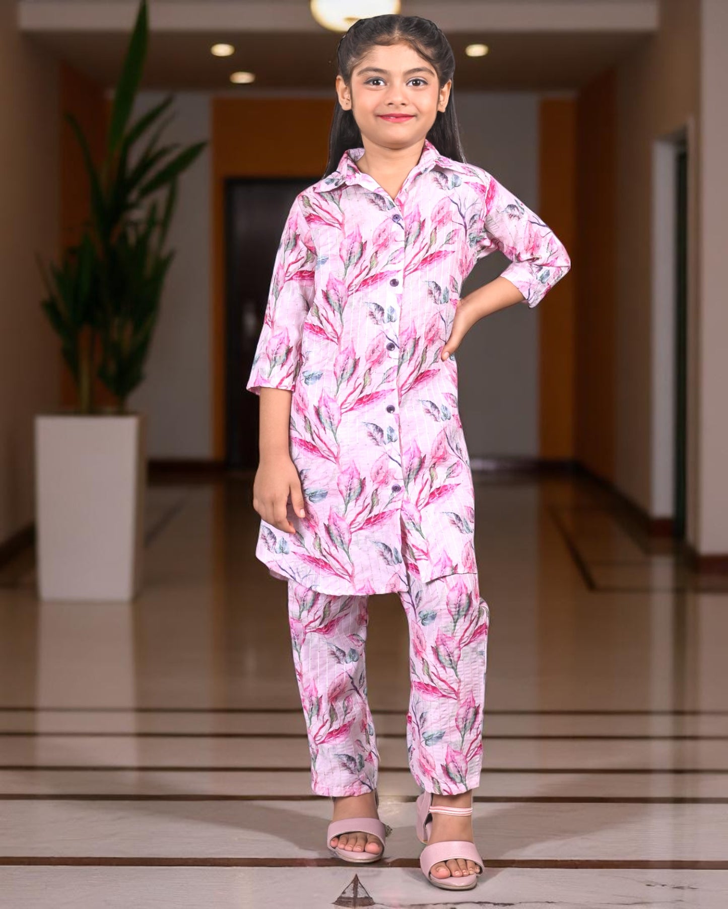 Tito Patito Girls’ Printed Co-ord Set – Sequin Work, Cotton Blend, Shirt Collar