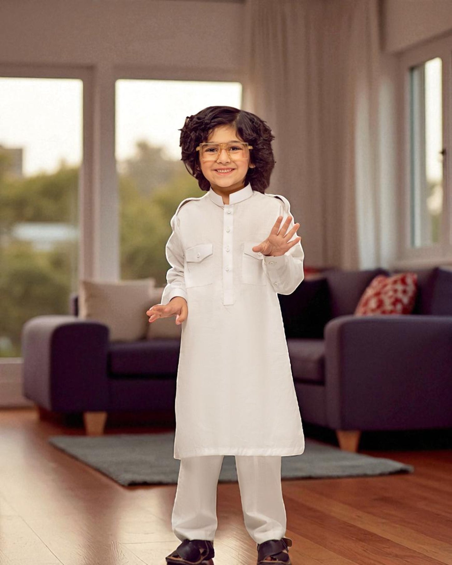 White Cotton Satin Pathani for Kids – Classic Khan Dress by Tito Patito