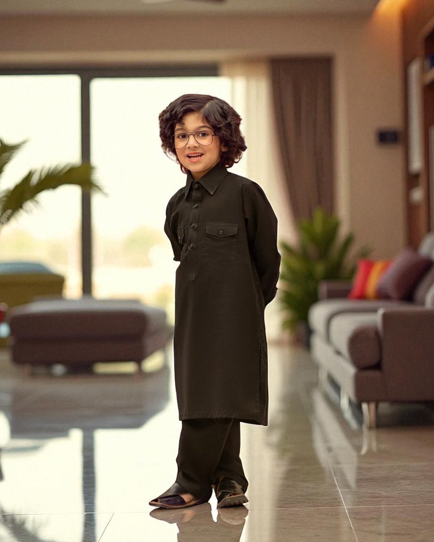 Classic Black Cotton Satin Pathani Suit – Timeless Elegance for Boys