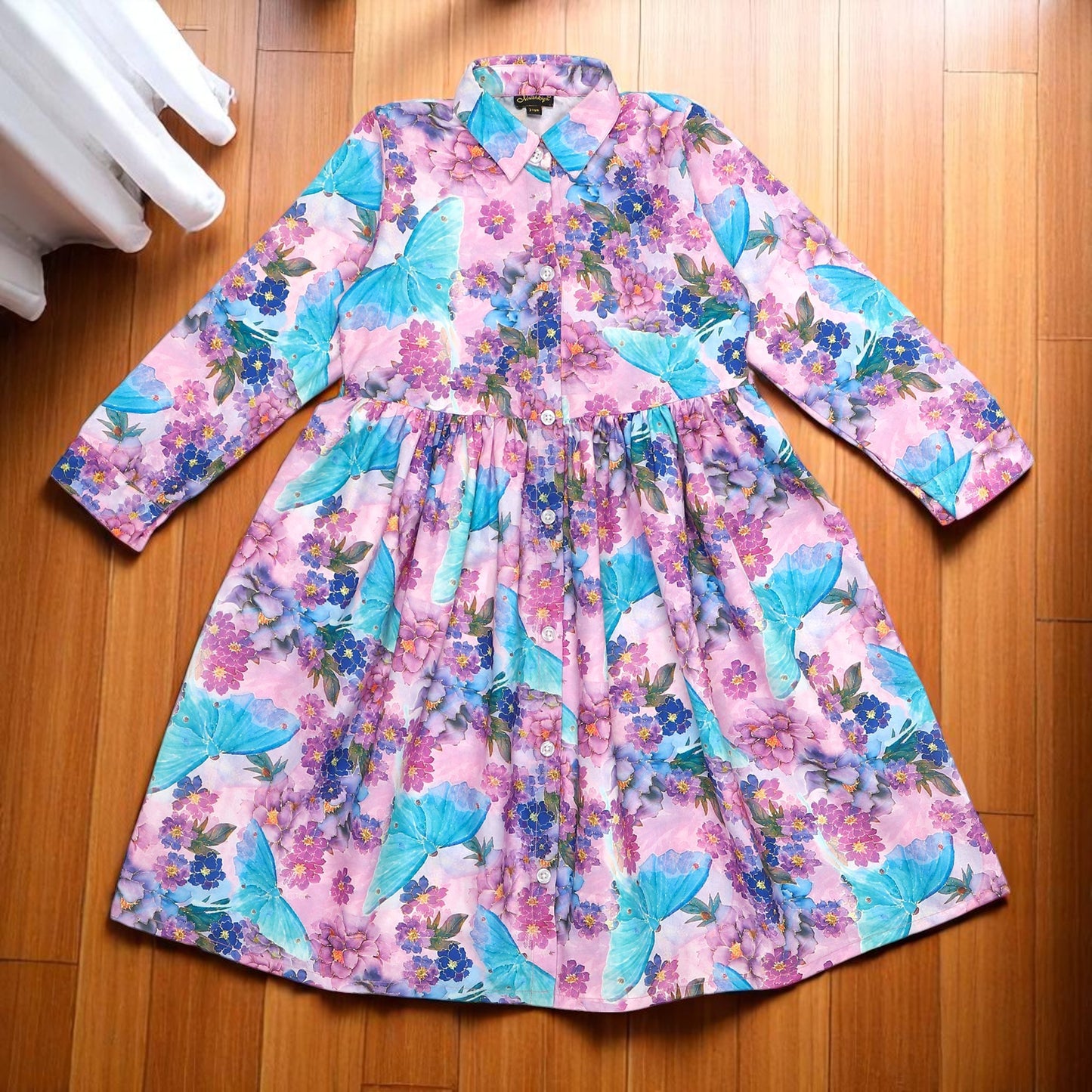 Girls' Frock with Shirt Collar in Cotton Blend Fabric