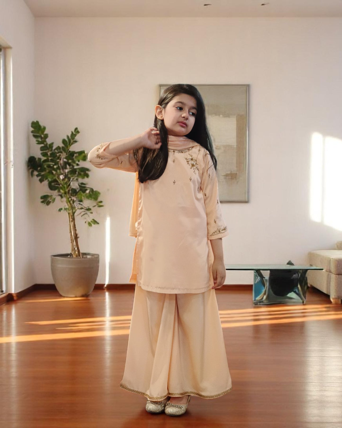 Girls' 3-Piece Ethnic Suit in French Crepe with Handwork Details