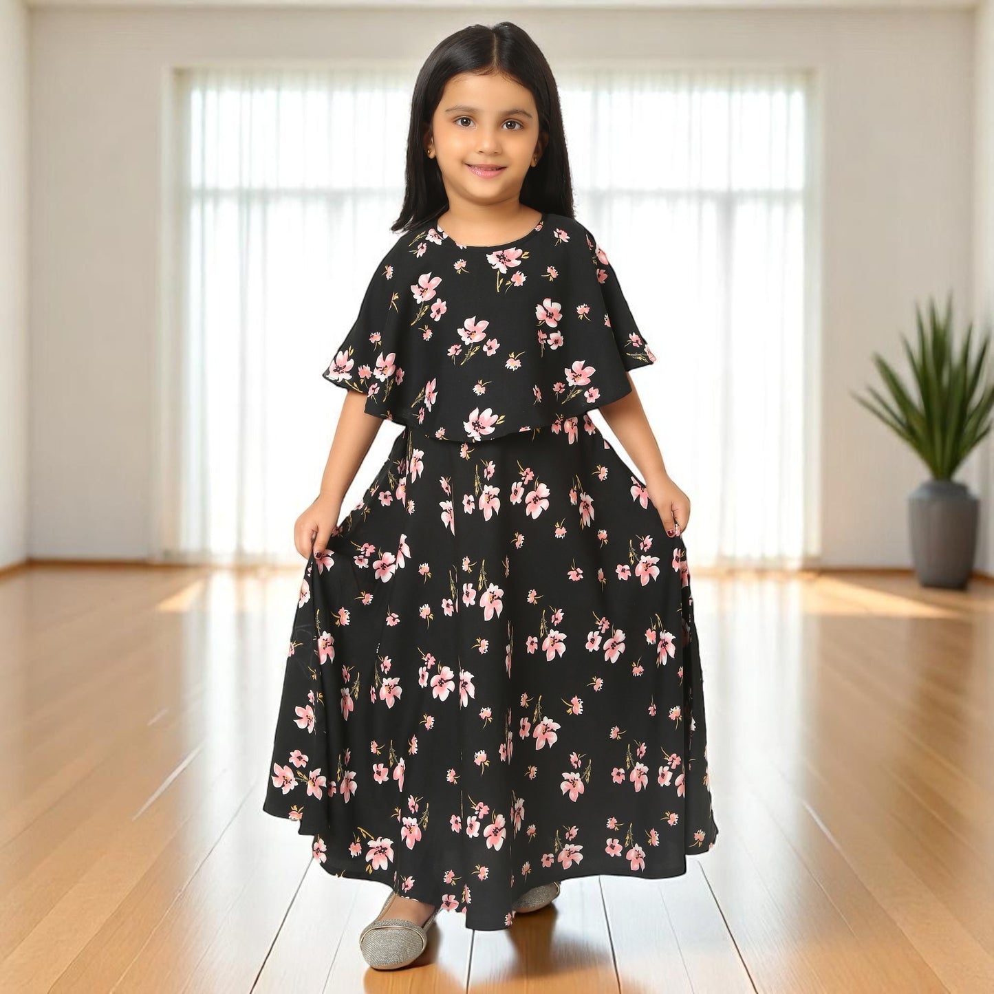 Elegant Multi-Layered Long Dress for Girls In Crepe Fabric