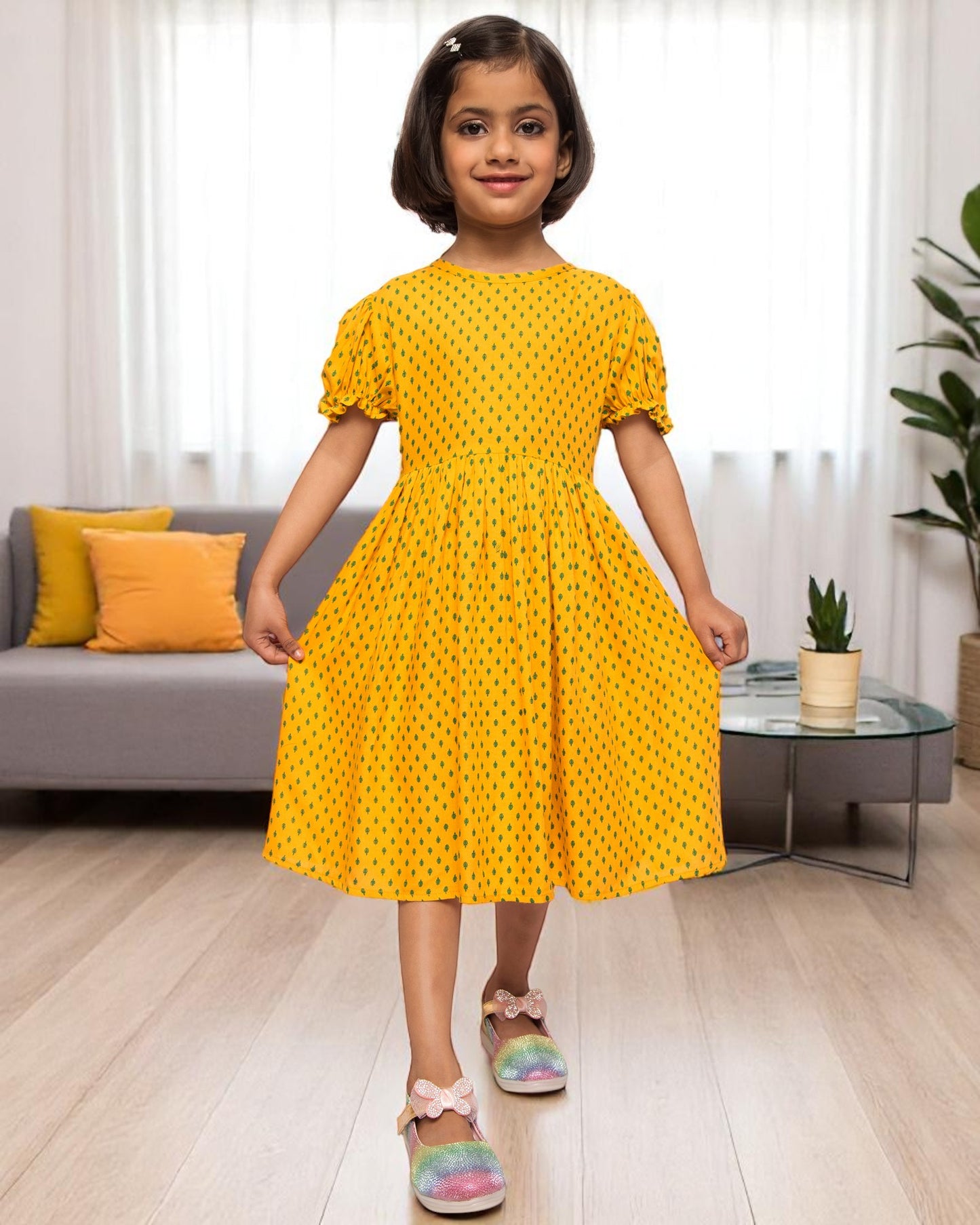 Breezy Elegance: Printed Rayon Frock with Elasticated Sleeves