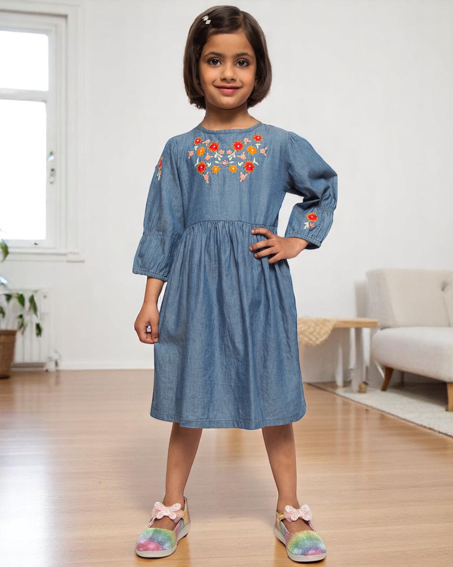 Opulent Charm: Hand-Embellished Silky Denim Midi Dress