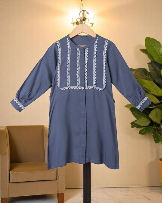 Elegant Two Piece Suit for Girls with Lace Work, Front Open Kurti & Pajama