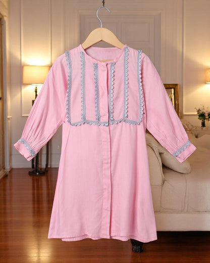 Elegant Two Piece Suit for Girls with Lace Work, Front Open Kurti & Pajama