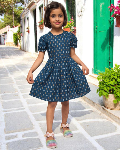 Breezy Elegance: Printed Rayon Frock with Elasticated Short Sleeves