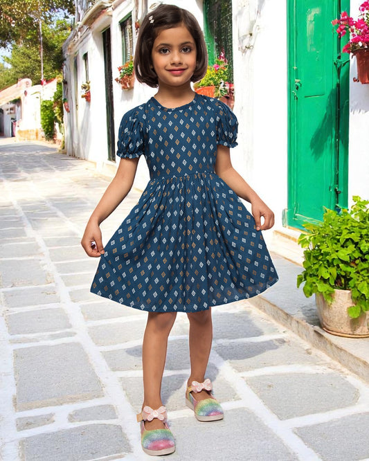 Breezy Elegance: Printed Rayon Frock with Elasticated Short Sleeves