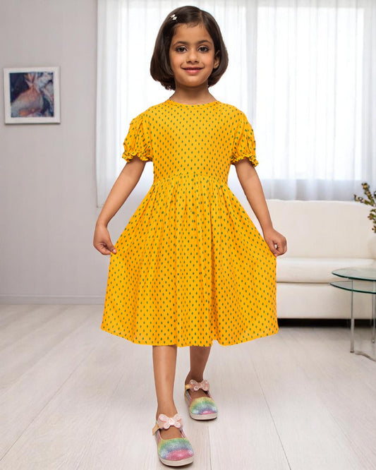 Breezy Elegance: Printed Rayon Frock with Elasticated Sleeves