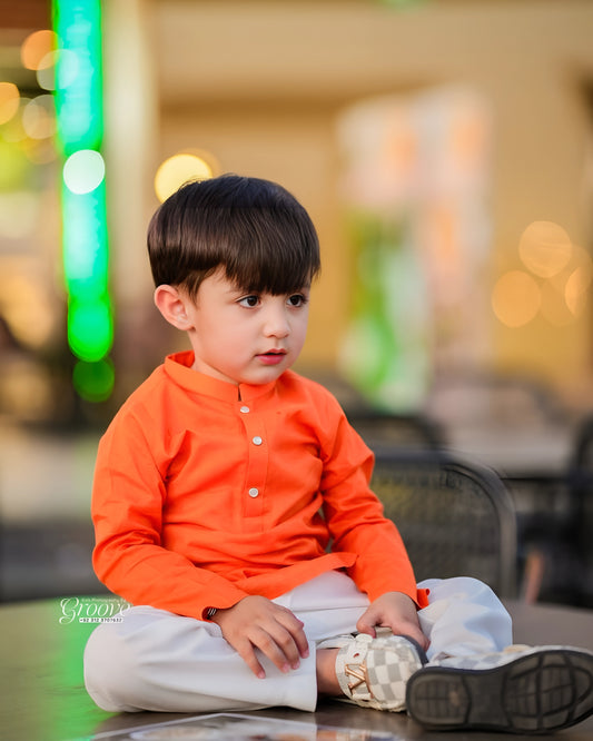 Radiant Orange Cambric Cotton Kurta Pajama Set – Premium Boy’s Ethnic Wear