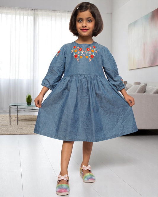 Opulent Charm: Hand-Embellished Silky Denim Midi Dress