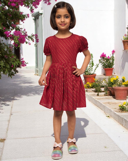 Breezy Elegance: Printed Rayon Frock with Elasticated Short Sleeves