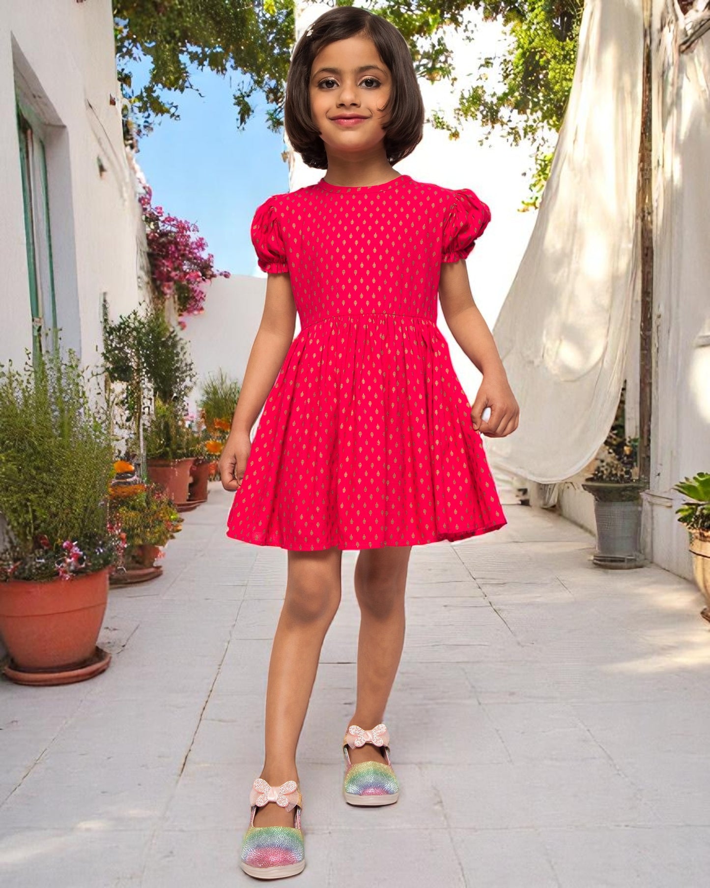 Breezy Elegance: Printed Rayon Frock with Elasticated Short Sleeves