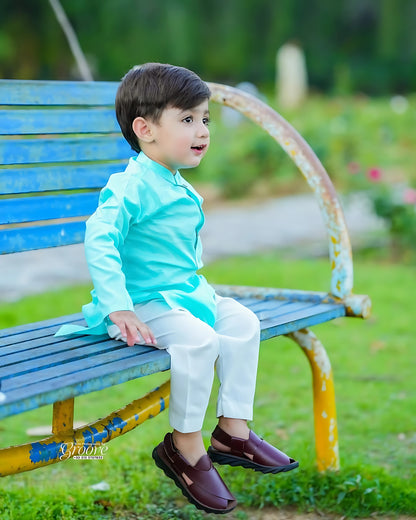 Aqua Blue Cambric Cotton Kurta Pyjama Set – Elegant Festive Style for Boys