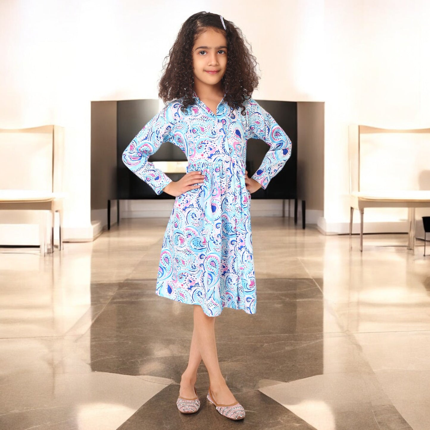 Girls' Frock with Shirt Collar in Cotton Blend Fabric