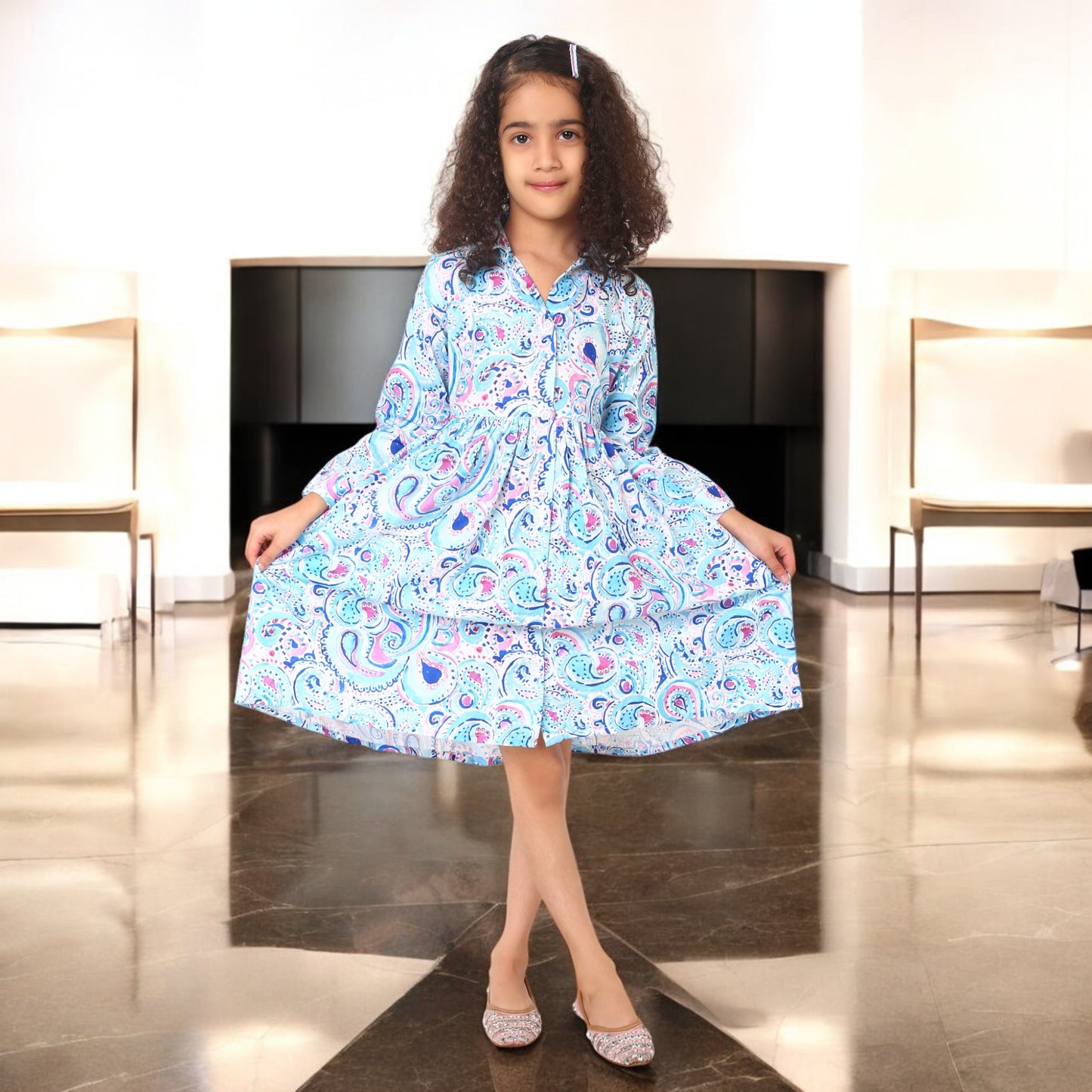 Girls' Frock with Shirt Collar in Cotton Blend Fabric