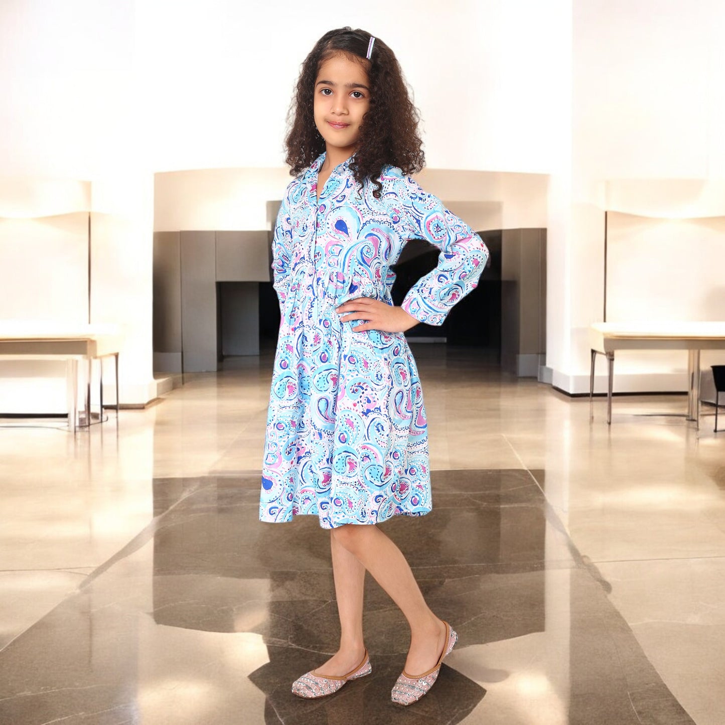Girls' Frock with Shirt Collar in Cotton Blend Fabric