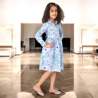 Girls' Frock with Shirt Collar in Cotton Blend Fabric