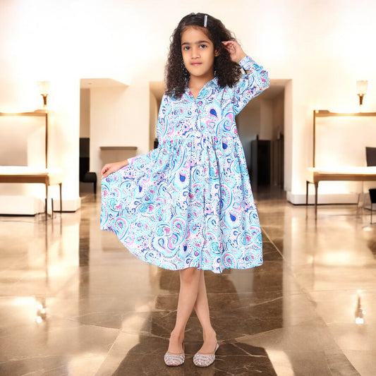 Girls' Frock with Shirt Collar in Cotton Blend Fabric