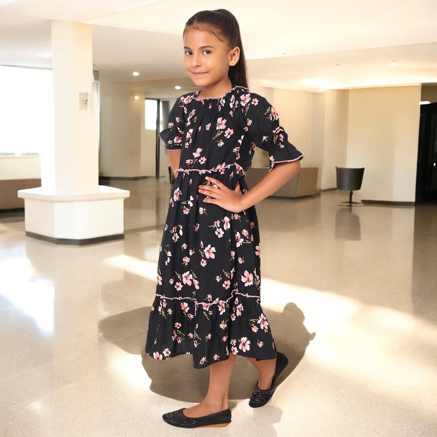 Stylish Midi Dress for Girls in Printed Crepe Fabric
