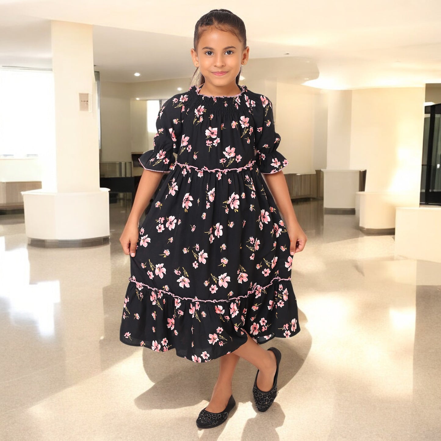 Stylish Midi Dress for Girls in Printed Crepe Fabric