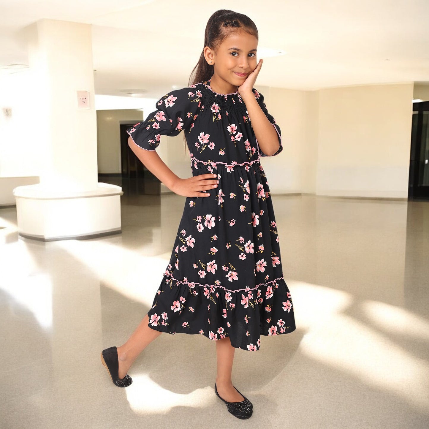Stylish Midi Dress for Girls in Printed Crepe Fabric
