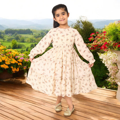 Multi-Layered Girls' Frock in Printed Georgette Fabric with Elasticated Waistline