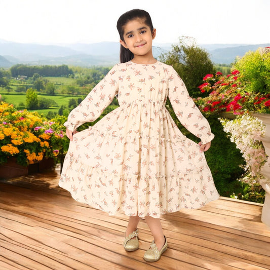 Multi-Layered Girls' Frock in Printed Georgette Fabric with Elasticated Waistline
