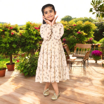 Multi-Layered Girls' Frock in Printed Georgette Fabric with Elasticated Waistline