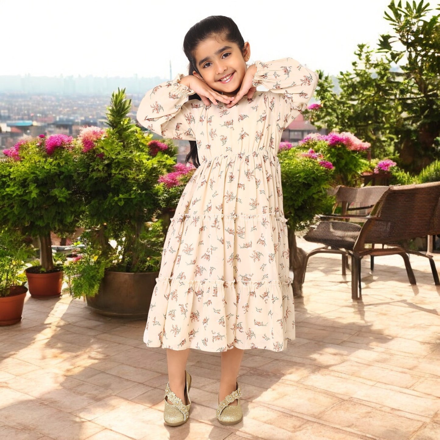 Multi-Layered Girls' Frock in Printed Georgette Fabric with Elasticated Waistline