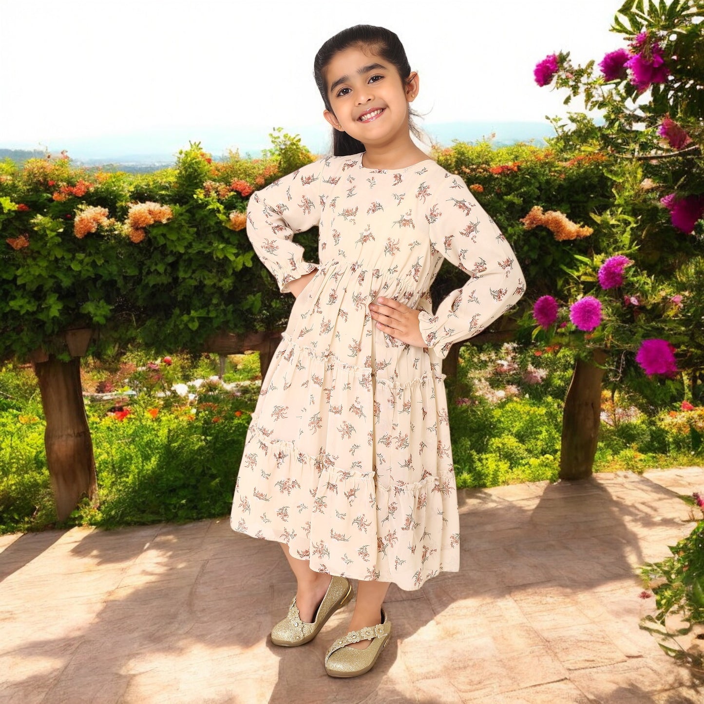 Multi-Layered Girls' Frock in Printed Georgette Fabric with Elasticated Waistline